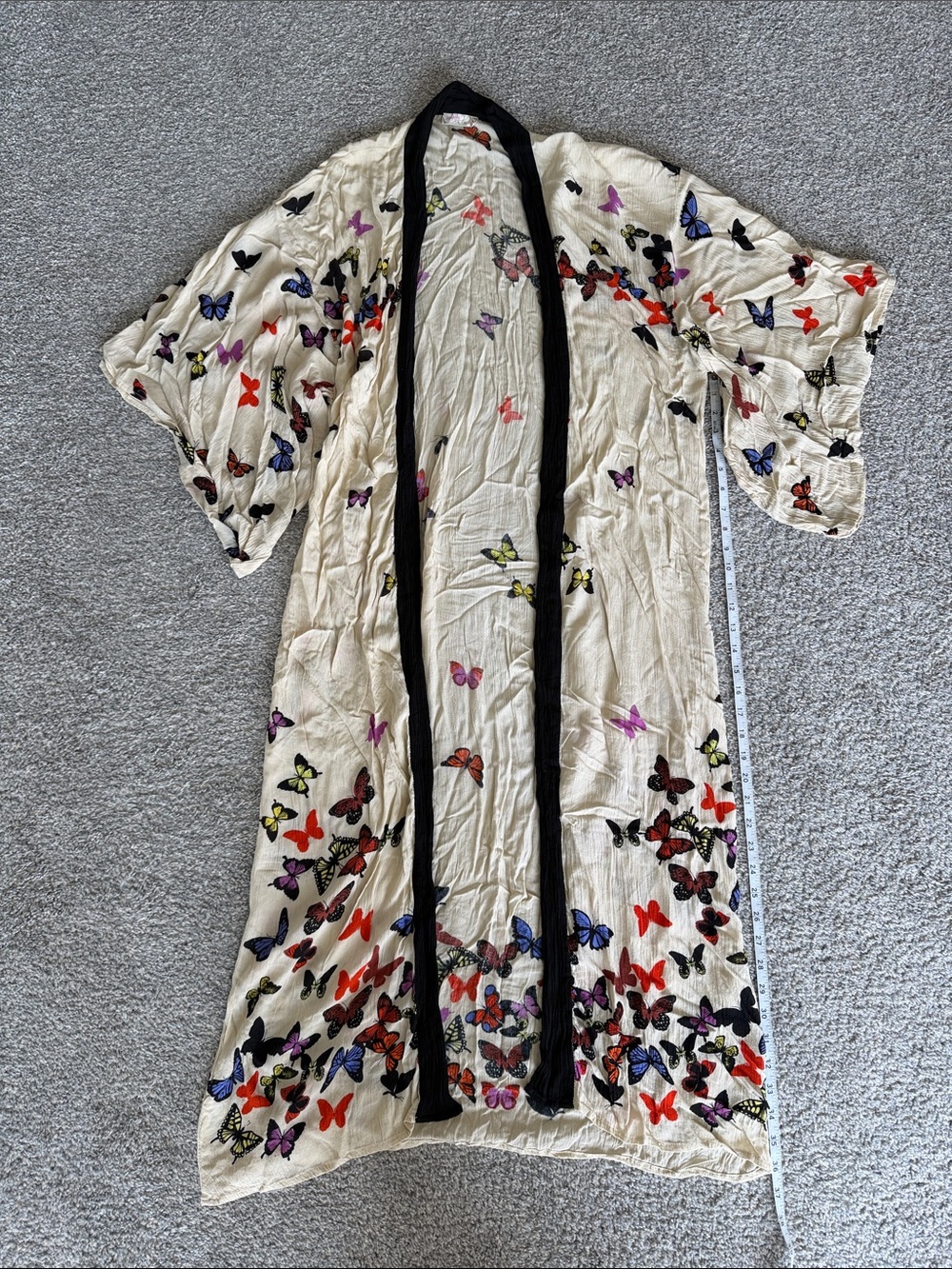 Free People Cream Kimono Robe with Black Trim and Multi-Color Butterflies